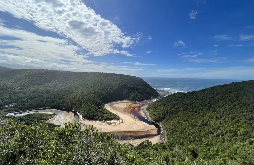 Nature's Valley lagoon curving between forested hills toward the sea