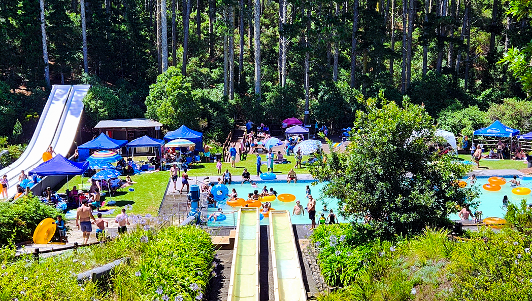 Water slides and pool surrounded by forest at Adventure Land
